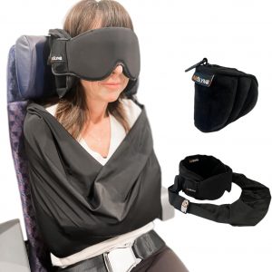 3-in-1 Airplane Sleep Support System – Integrated Plane Sleeping Accessories with Memory Foam Long Haul Flight Pillow, Adjustable Travel Eye Mask, and Blanket-Like Body Sling – Fits in Carry On