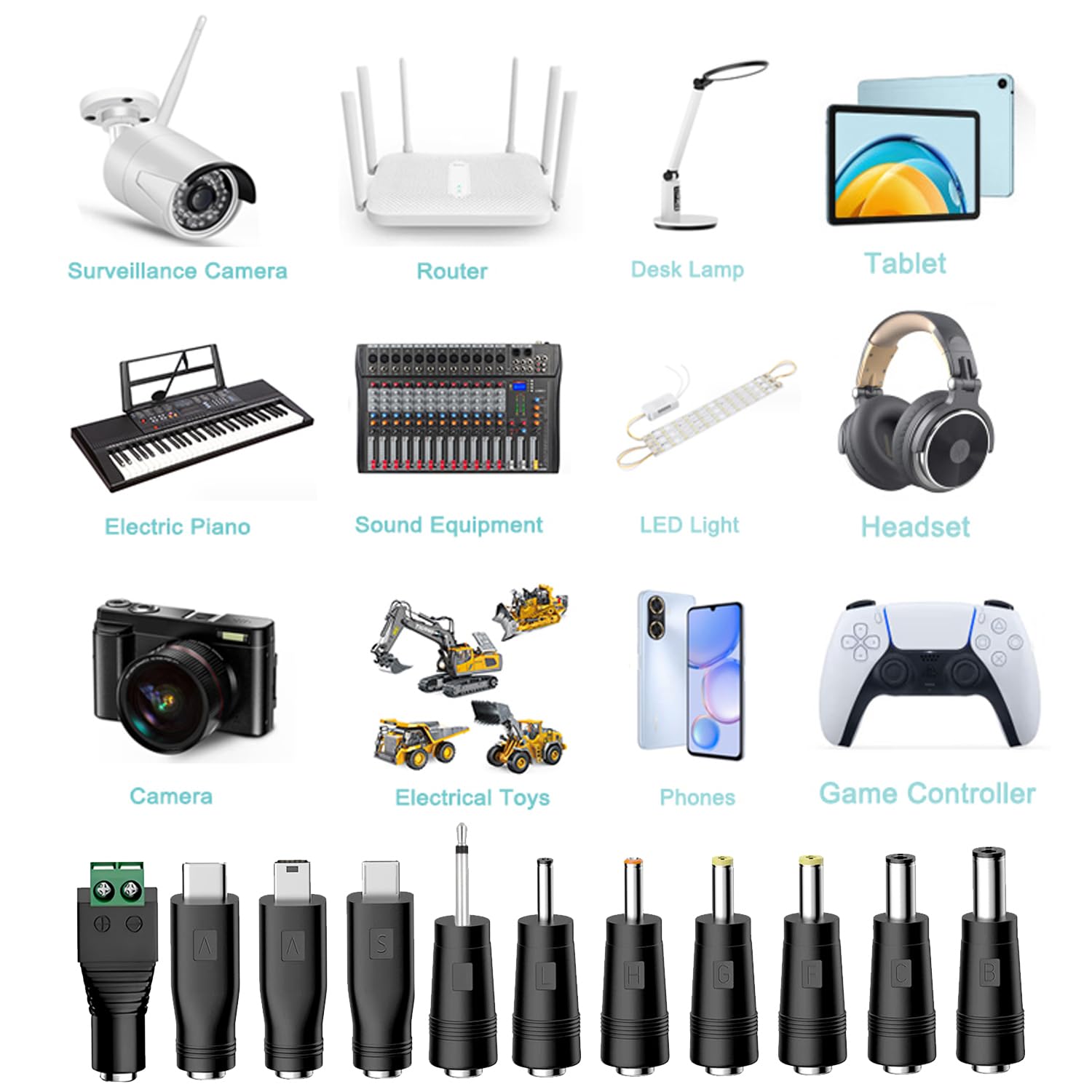Universal Charger Power Core, 5V USB to DC 5.5x2.1mm, Charging Cable with 11 Connectors (Micro-USB, Type-C, Mini USB, 2.5x0.7, 3.0x1.1, 3.5x1.35, 4.0x1.7, 4.8x1.7, 5.5x2.5,2.5mm), 3.3FT - Image 2