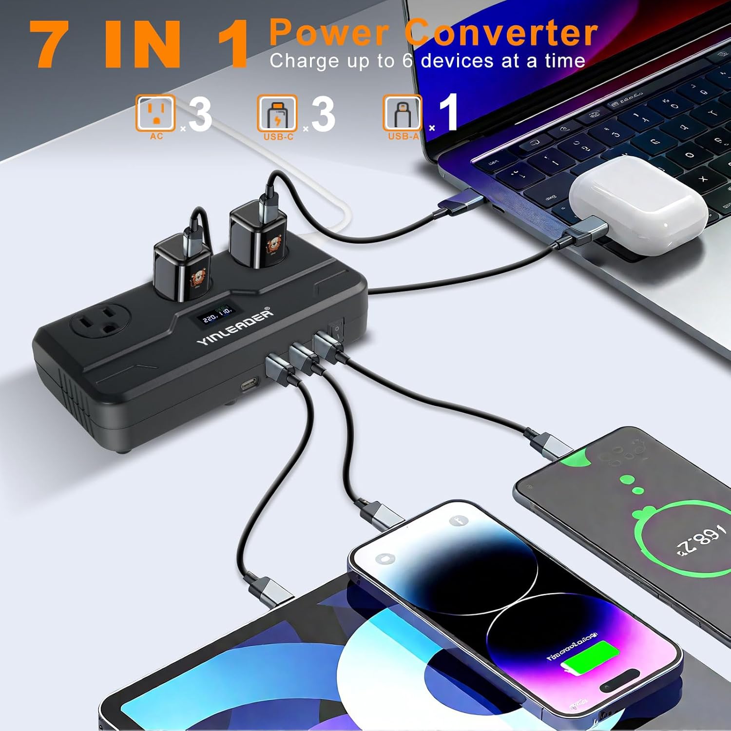 Yinleader 220V to 110V Voltage Converter us to Europe Travel Adapter for Hair Straightener/Curling Iron Step Down Transformer with USB-C (20W PD) Charging and UK/AU/EU Worldwide Plug Adapter (Black) - Image 4