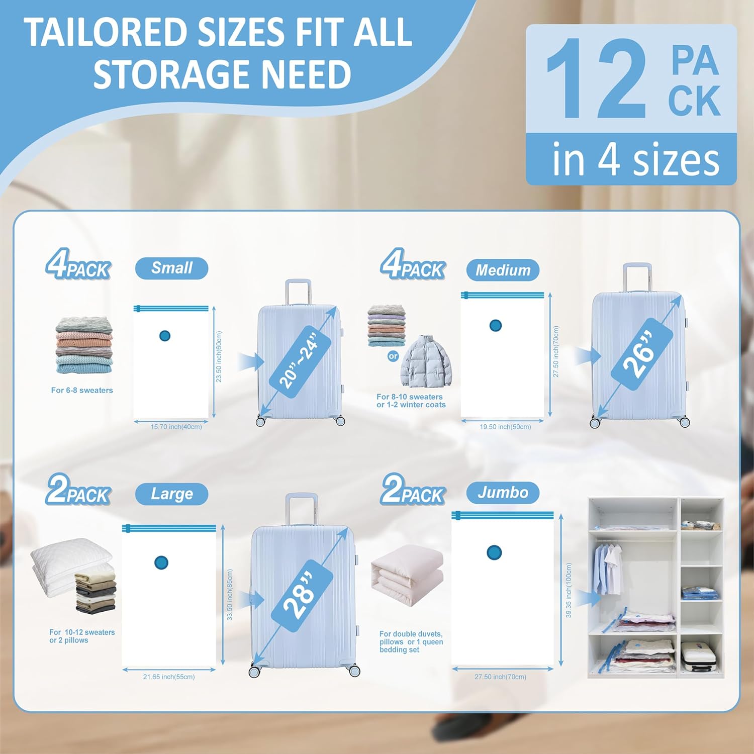 12 Pack Travel Vacuum Storage Bags with Rechargeable Wireless Electric Pump for Luggage, Suitcase, Carry-on Size Vacuum Seal Compression Space Saver Bags for Clothes and Clothing Travel - Image 4
