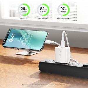 Belkin USB C Charger Block 20W, iPhone Charger Fast Charging – iPhone 17, Air, Pro, Pro Max, Samsung Galaxy S25, Google Pixel 10, iPad, AirPods, Apple Watch, Nintendo Switch 2 & More – White