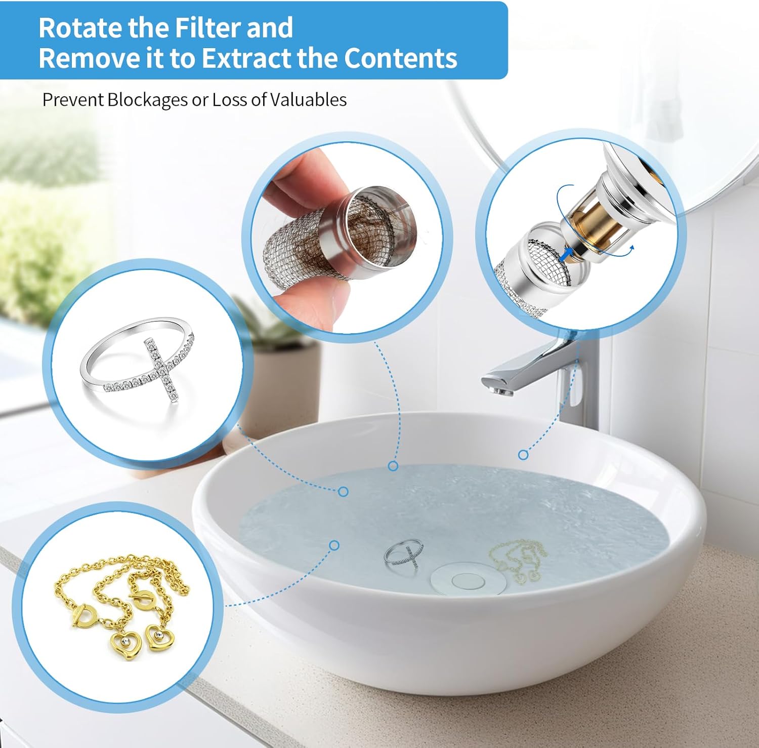 2 Pack Bathroom Sink Stopper for 1.06-1.50in, Universal Drain Filter with Hair Strainer, Universal Bathroom Sink Drain Pop Up Stopper for US Stainless Steel Floor Drain Filter - Image 5