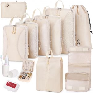 Compression Packing Cubes 12 Set, Suitcase Organizers, Extendable Packing Cubes, Luggage Organizer Bags, Travel Essentials, Beige