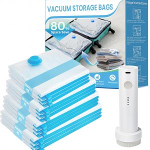 Vacuum Seal Bags for Clothing Travel, 12 Pack Vacuum Storage Bags for Clothes with Portable Electric Pump, Space Saver Bags for Luggage Traveling and Clothing