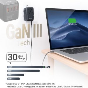 MINIX 140W Universal Travel Adapter, GaN III International Power Adapter, 3 USB-C 1 USB-A Ports, AC Outlet, Worldwide US/UK/EU/AU Travel Charger for Cameras Laptops Tablets Phones and More