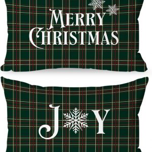 Lanpn 12×20 Christmas Throw Pillow Covers Set of 2, Plaid Lumbar Christmas Pillow Covers Decorative Pillow Covers Xmas Cushion Case for Farmhouse Home Couch Sofa Decor (Dark Green)