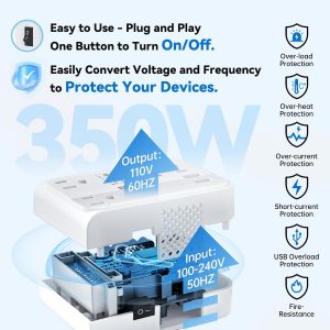 DOACE 220v to 110v converter 350W voltage converter us to europe for Hair Straightener/Curling Iron Converter for European Travel with 4-port USB Charging and UK/AU/US/EU Worldwide Plug Adapter, White