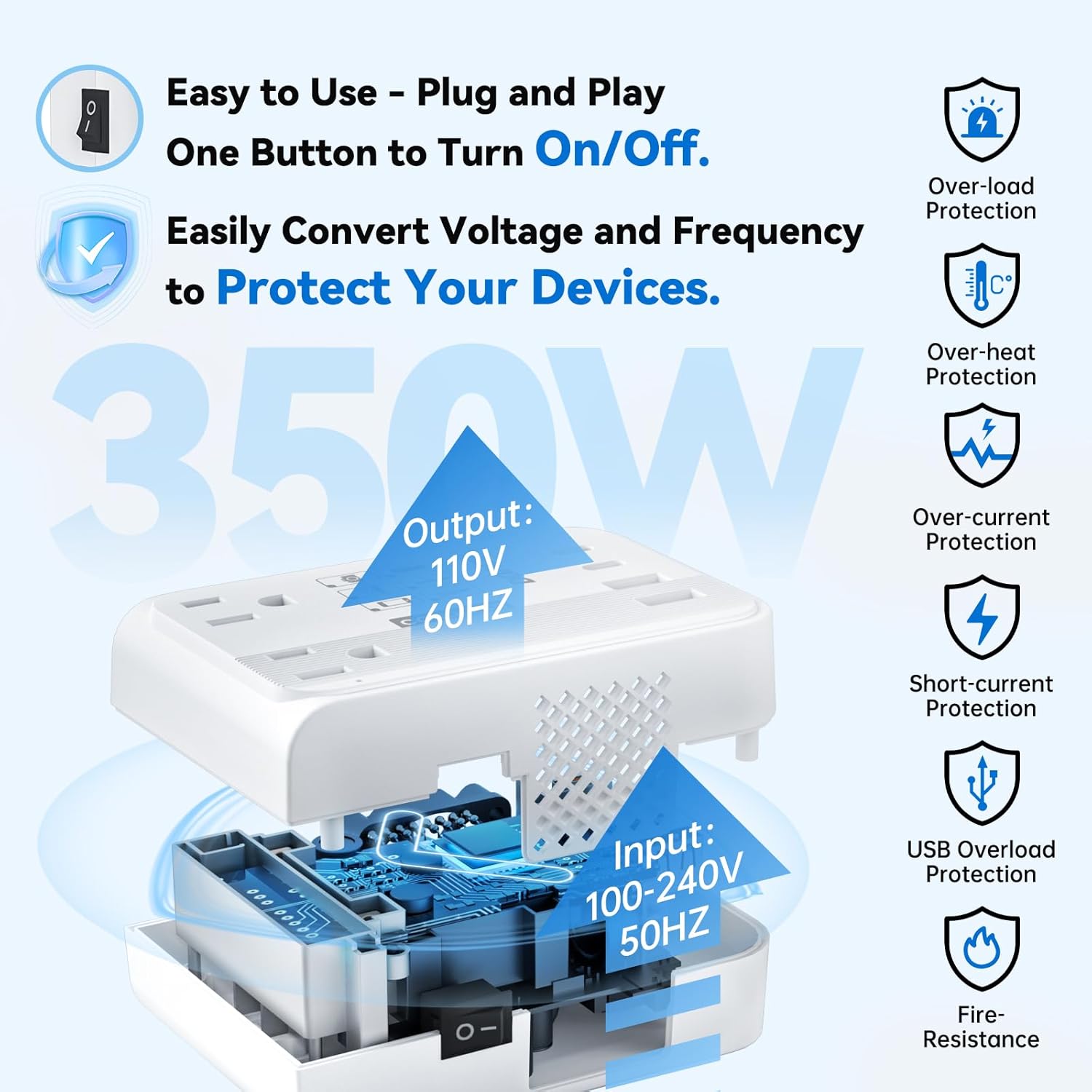 DOACE 220v to 110v converter 350W voltage converter us to europe for Hair Straightener/Curling Iron Converter for European Travel with 4-port USB Charging and UK/AU/US/EU Worldwide Plug Adapter, White - Image 2