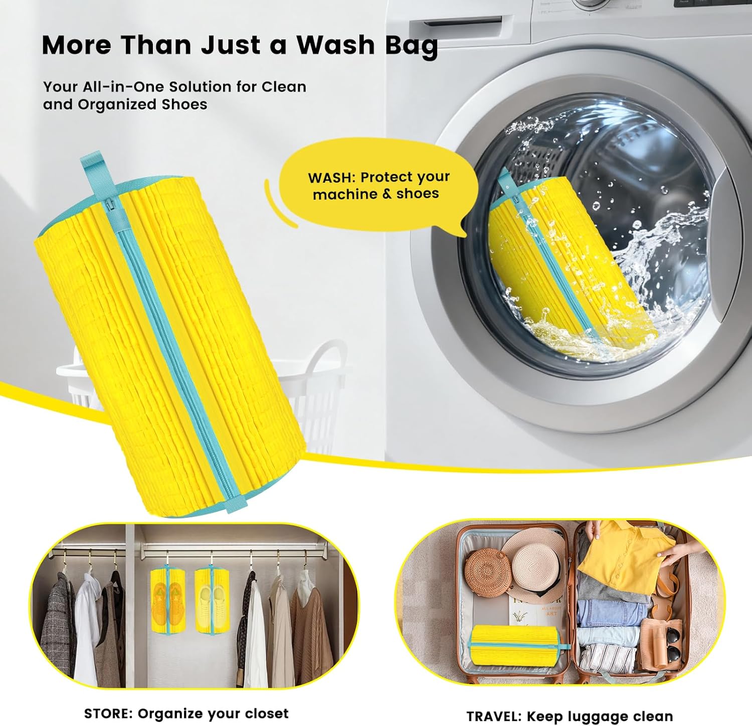 XQXA Shoe Washing Machine Bag 2-Pack - Reusable Shoe Washing Bag with Hidden Zipper, Machine Washable Shoe Bag for Sneakers, Tennis & Athletic Shoes (Yellow) - Image 5