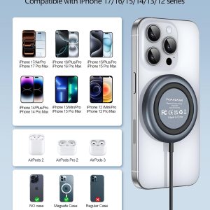 NANAMI Magnetic Wireless Charger Pad with 20W PD Adapter,for MagSafe iPhone 17/16/15/14/13/12 Series & AirPods 3/2/Pro 2,Non-Slip Base & Strong Magnetic Alignment for Desk and Office Use(Black)