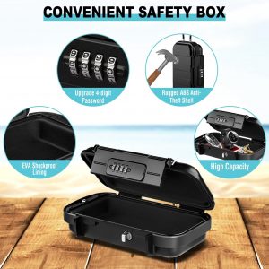 HUANLANG Portable Safe Lock Box with Combination Lock Mini Beach Travel Safe Waterproof Small Lockable Boxs with Removable Wire Rope Combination Lock Box for Dorm,Travel,Beach,Hotel,Car,Home,Office