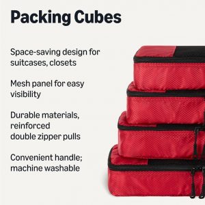 Amazon Essentials 4-Piece Packing Cubes Travel Accessories Set, Luggage Organizer with Double Zipper, Mesh Top, 100% Polyester, Slim, Red (Previously Amazon Basics)