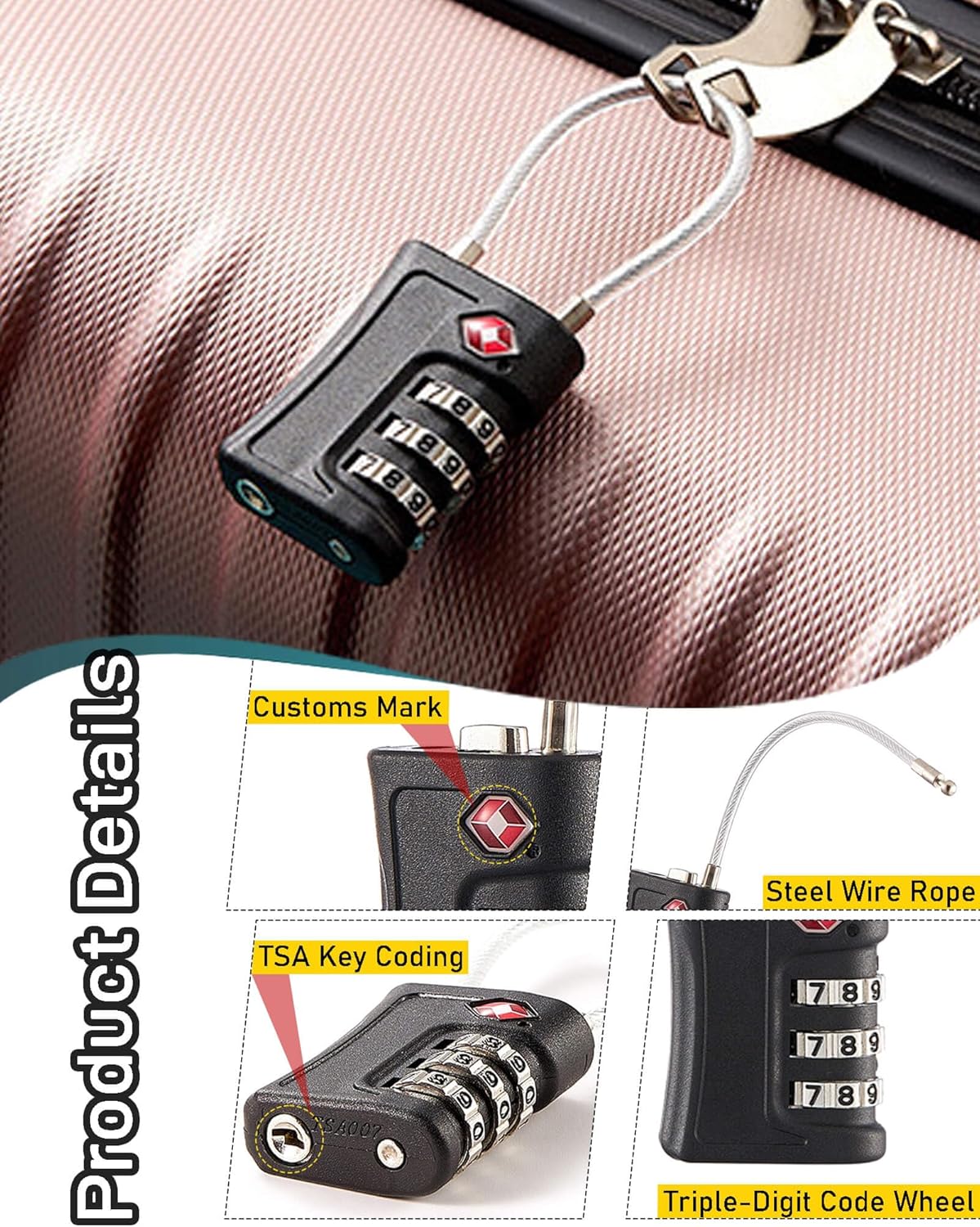 TSA Approved Combination Luggage Locks & 4 Zipper Locks Anti Theft - 3 Digit Re-Settable Code Lock with Zinc Alloy Body, Ultimate Travel Security Bundle for Suitcase, Backpack & Carry-On - Image 5
