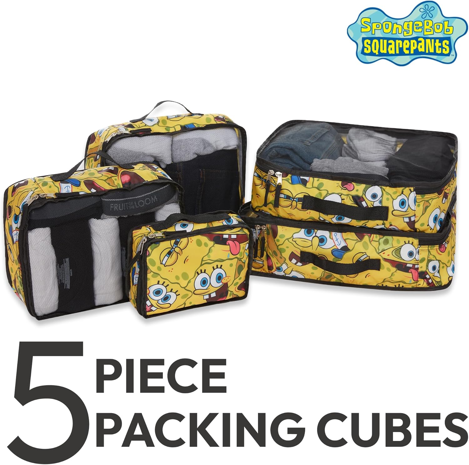 SpongeBob SquarePants Packing Cubes Set – 5-Piece Travel Luggage Organizer with SpongeBob, Patrick & Mr. Krabs – Fun Packing Essential for Kids, Teens, and Adults - Image 2