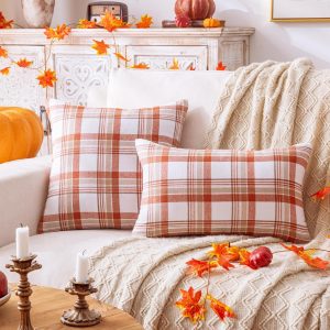 Fall Plaid Orange White Throw Pillow Covers 18×18 Inch, Set of 2 Autumn Decorative Throw Pillows for Couch Sofa Bed Living Room Home Decor, Accent Pillow Cases for Farmhouse Couch Cushion Covers