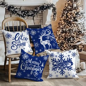 Artmag Merry Christmas Throw Pillow Covers 16×16 inch Snowflakes Let it Snow Moose Winter Holiday Blue Cushion Case for Coach Sofa Decorations Set of 4