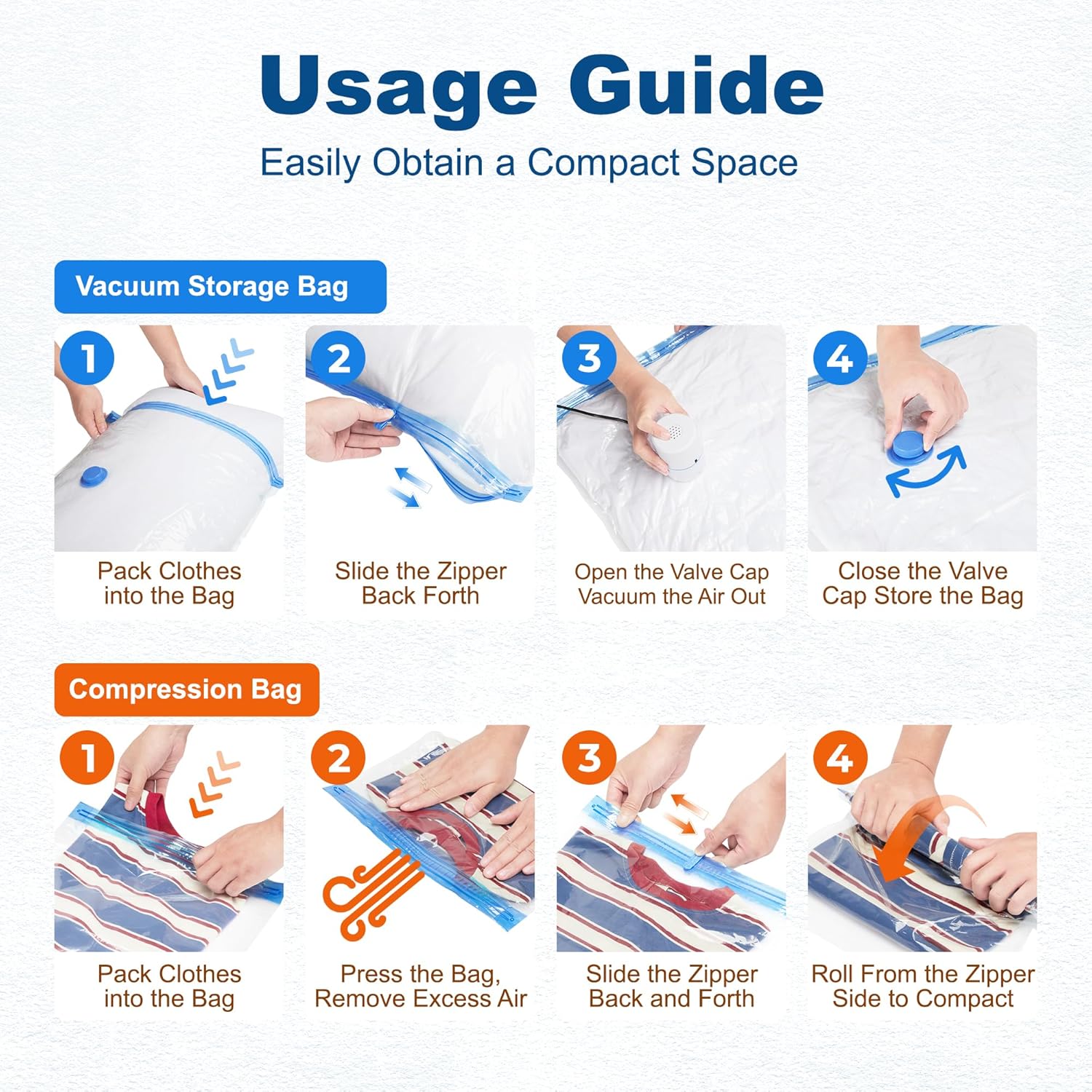 HOUSE DAY 30 Pack Vacuum Storage Bags with Electric Pump, 4 Sizes + 2 Roll-Up (5 Each), Space Saver Vacuum Seal Bags for Clothing, Bedding, Pillows, Travel – Airtight Seal, Reusable & Durable - Image 5