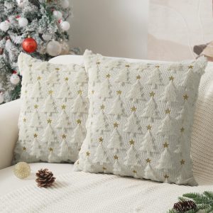 Allorry Christmas Pillow Covers 18 x 18 inch Set of 2 Cream White Christmas Tree Pillow Covers Decorations Plush Faux Fur Soft Cushion Case for Winter Xmas Holiday Home Bedroom Sofa Decors PT004-D18