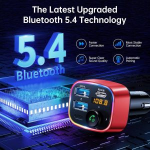 Syncwire Bluetooth 5.4 FM Transmitter Car Adapter 48W (PD 36W & 12W) [Light Switch] [Hi-Fi Deep Bass] [Fast Charge] Wireless Radio Music Adapter LED Display Hands-Free Calling Support USB Drive, Red