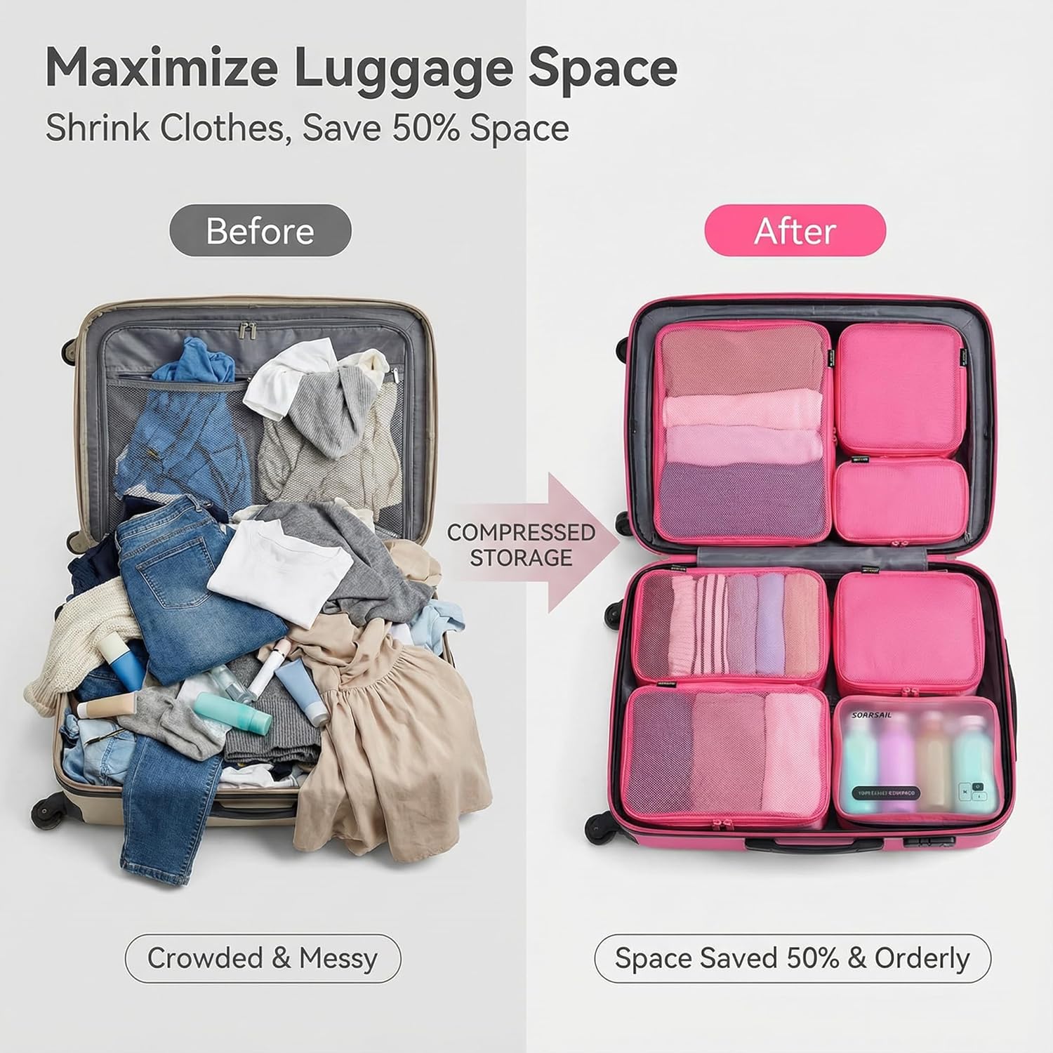 6 Set Compression Packing Cubes for Travel, Durable Nylon Oxford Luggage Organizers with IP6X Waterproof Toiletry Bag, 6-Piece Expandable Suitcase Bags (Rose Red) - Image 4