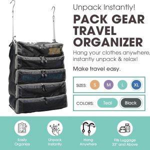 Pack Gear Hanging Suitcase Organizer – Our XL Hanging Luggage Organizer Perfectly Fits Any Suitcase – Our Packing Cubes For Travel Use Mesh Windows to Make Finding Any Outfit Easy (Black, XL)