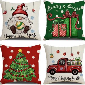 Coliuso Christmas Throw Pillow Covers 16×16 Set of 4 Xmas Series Holiday Cushion Pillow Cover Christmas Decorations for Sofa Couch Bed Farmhouse Outdoor Living Room (Red and Green)