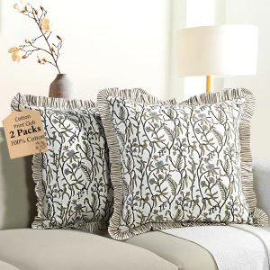 CPC Cocoa Vine Hand Block Print 100% Cotton Ruffle Throw Pillow Cover 18×18 inch with Hidden Zipper Decorative for Couch, Bed, Sofa, Farmhouse, Cottagecore Decor Gift Christmas Fall Thanksgiving