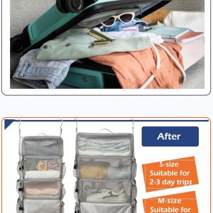 TABITORA Travel Luggage Organizer insert Hanging Packing Cubes for Suitcase Carry on Closet Hanging Shelves Folding(Grey,M)