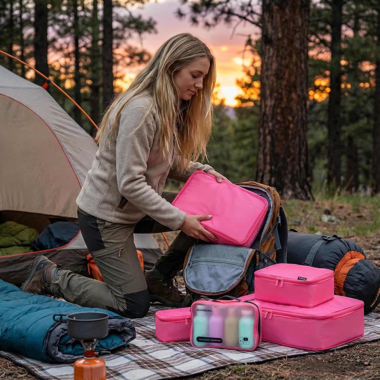 6 Set Compression Packing Cubes for Travel, Durable Nylon Oxford Luggage Organizers with IP6X Waterproof Toiletry Bag, 6-Piece Expandable Suitcase Bags (Rose Red) - Image 6