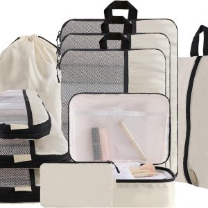 U+U 10 Set Compression Packing Cubes – Ultralight Cream Travel Organizers with Laundry Bag, Space-Saving Suitcase Organizer, Expandable Packing Cubes for Travel and Family Vacation (Cream)