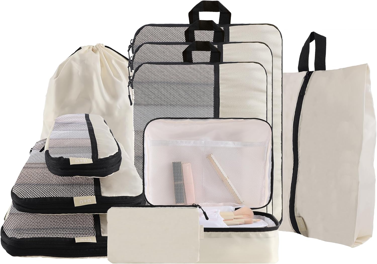 U+U 10 Set Compression Packing Cubes - Ultralight Cream Travel Organizers with Laundry Bag, Space-Saving Suitcase Organizer, Expandable Packing Cubes for Travel and Family Vacation (Cream)