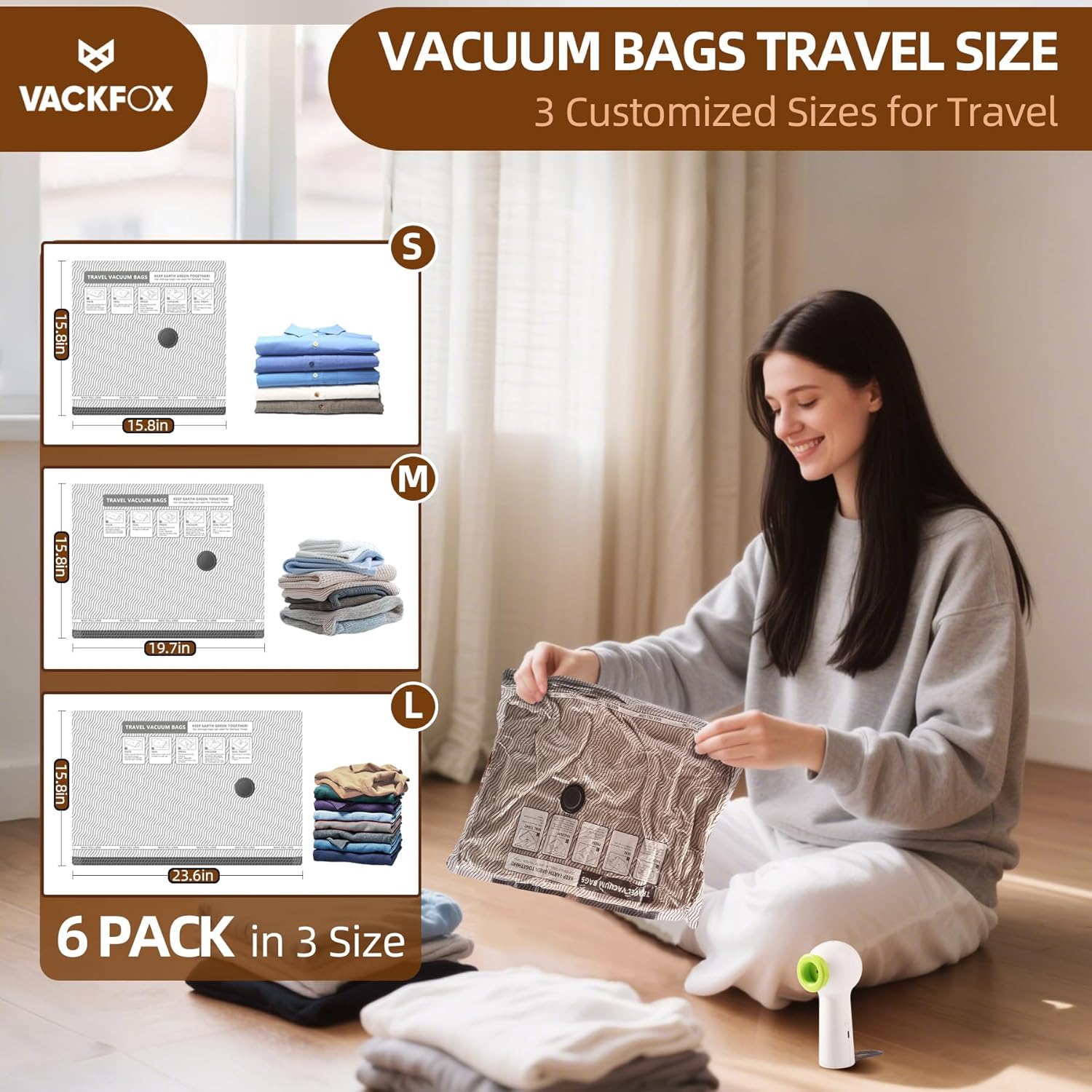 Travel Vacuum Storage Bags with Rechargeable USB Pump, 6 Pack Carry-On Size Compression Packing Bags for Luggage and Suitcase, Space Saver for Clothes and Clothing Travel - Image 2