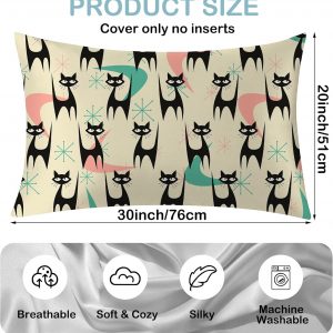 1 Pack Satin Pillowcase for Hair and Skin Mid Century Colorful Modern Cat Imitation Silk Pillowcase 20″ x 30″ with Hidden Zipper Soft Smooth Cooling Pillow Cover Queen Size for Bedroom Sofa