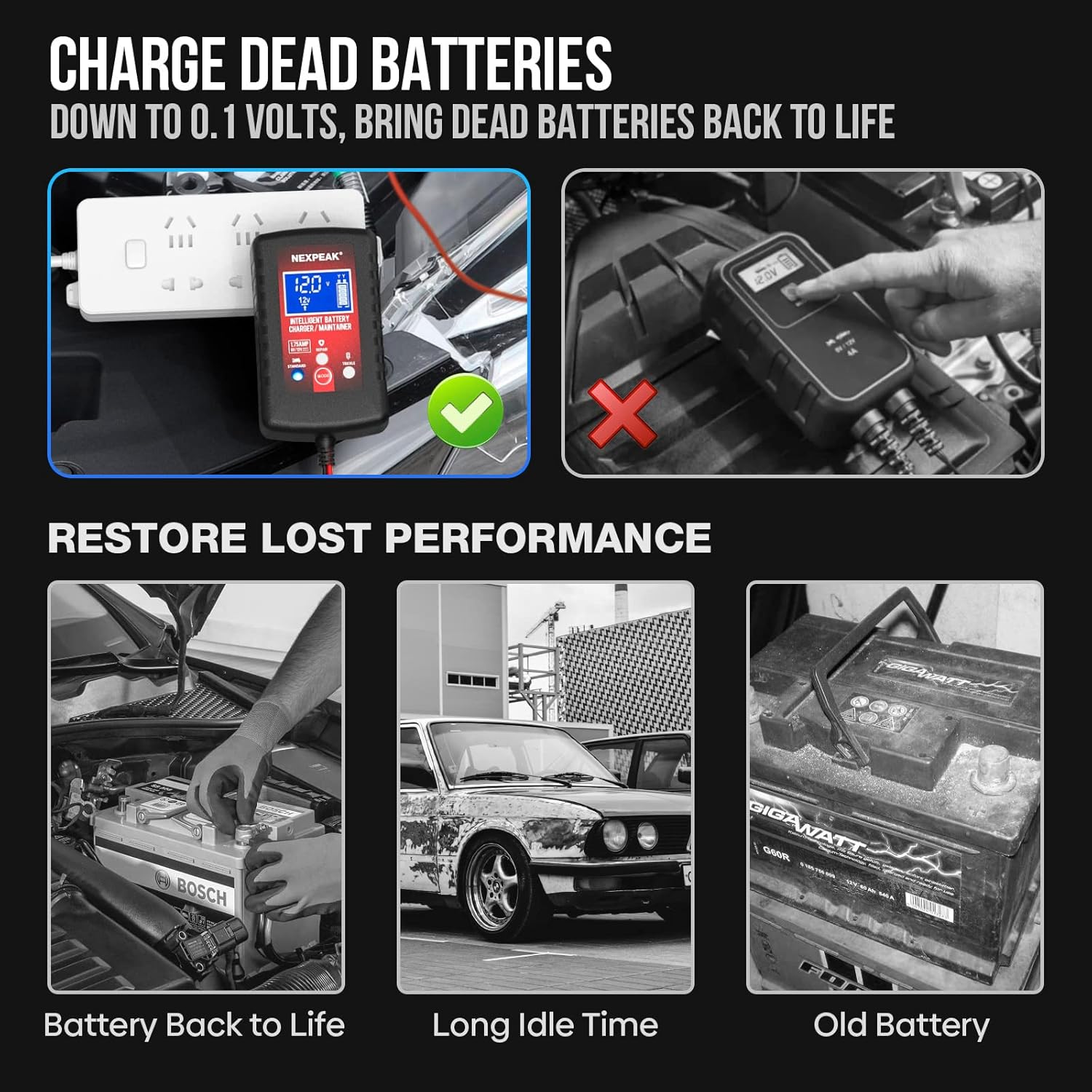 1.75-Amp Car Battery Charger, 6V and 12V Smart Fully Automatic Battery Charger Maintainer, Trickle Charger, Battery Desulfator for Car, Lawn Mower, Motorcycle, Boat, Marine Lead Acid Batteries - Image 3