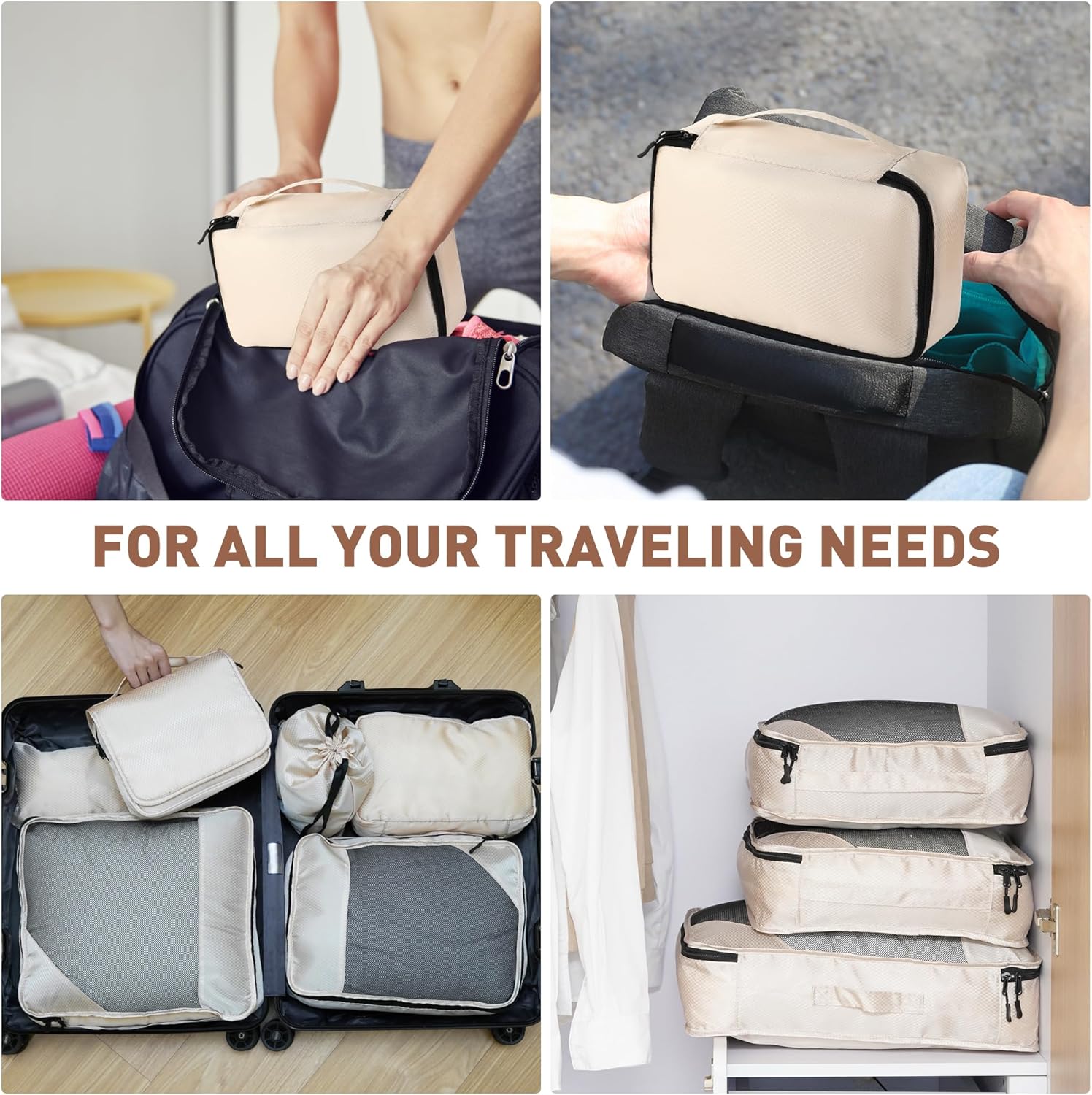 8-Piece Packing Cubes for Travel, Mesh Luggage Organizers with Shoe Bag, Toiletry Bag, Laundry Pouches, 4 Sizes (XL/L/M/S) for Suitcase Organization, Men Women Kids, Beige - Image 7