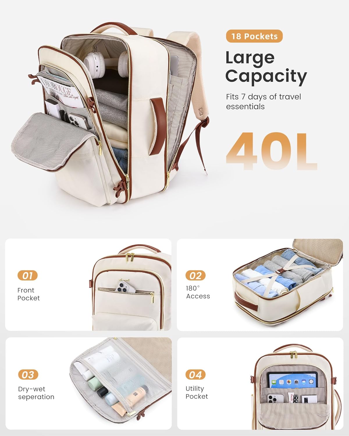 LOVEVOOK Carry On Travel Backpack for Women, Airline Approved Personal Item Bag with 17" Laptop Compartment, 40L Water-Resistant Weekender Backpack for Travel, Commuting, Business Trips - Image 2