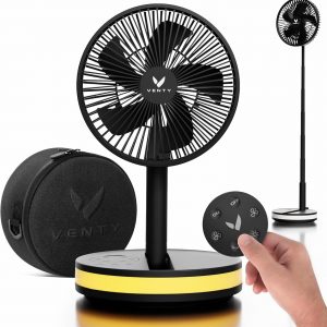 VENTY Portable Fan – Wireless Battery Operated Fan – 4 Speeds – LED Lighting – Carry Case & Remote Control – Cruise Travel – Outdoor Travel RV Power Bank With USB-C Port (Black with Case)