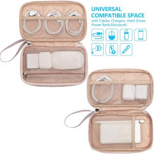 NISHEL Travel Cord Organizer Case, Double Layers Tech Electronic Bag, Essentials for Charger, Cable, Phone, Flash drive, Medium, Pink