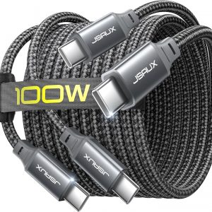 JSAUX 100W USB C to USB C Cable [2-Pack 6.6FT], Type C Fast Charging Cord Compatible with iPhone 17/iPhone Air/iPhone 17 Pro/iPhone 17 Pro Max, iPhone 16/15 Series, Galaxy S/Note, MacBook, iPad – Grey