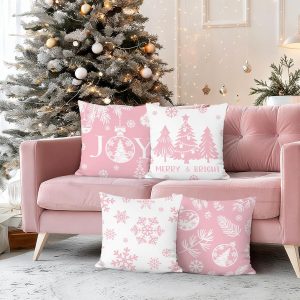 COZZSNUGE Pink Christmas Throw Pillow Covers, Xmas Tree Snowflakes Joy Winter Holiday Velvety Decorative Pillowcases for Sofa Bed Home Patio Set of 4, 18 x 18 Inches