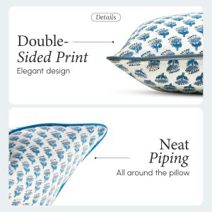 CPC 100% Cotton Throw Pillow Covers 20×20 Inch, Set of 2 Blue Block Print Pattern Couch Pillow, Cute Boho Decorative Pillows for Living Room, Bedroom with Hidden Zipper- Apatite Blue