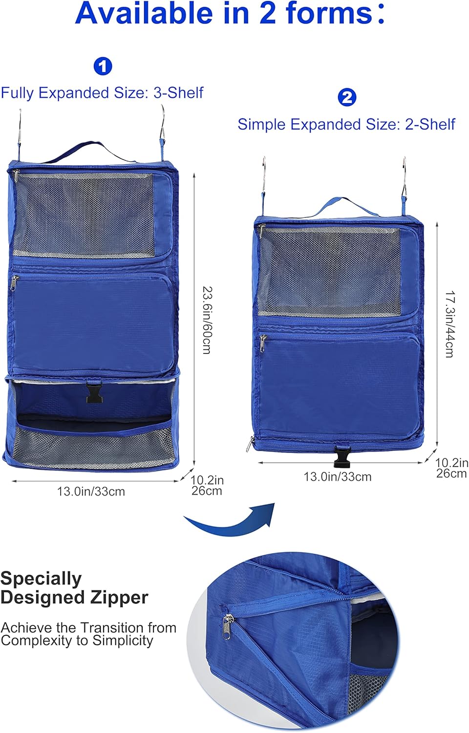 ELEZAY Hanging Packing Cubes Portable Closet 3-Shelf Travel Collapsible Compression Garment Organizer for Carry-on Luggage Suitcase Space Saver Bag X-Large_12*10 * 24 in, Blue - Image 4