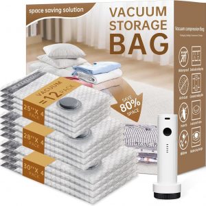 Vacuum Bags for Travel with Wireless Rechargeable Pump, 12 Pack Carry-on Size Compression Packing Seal Bags for Luggage and Suitcase, Space Saver Vacuum Storage Bags for Clothes and Clothing Travel ﻿