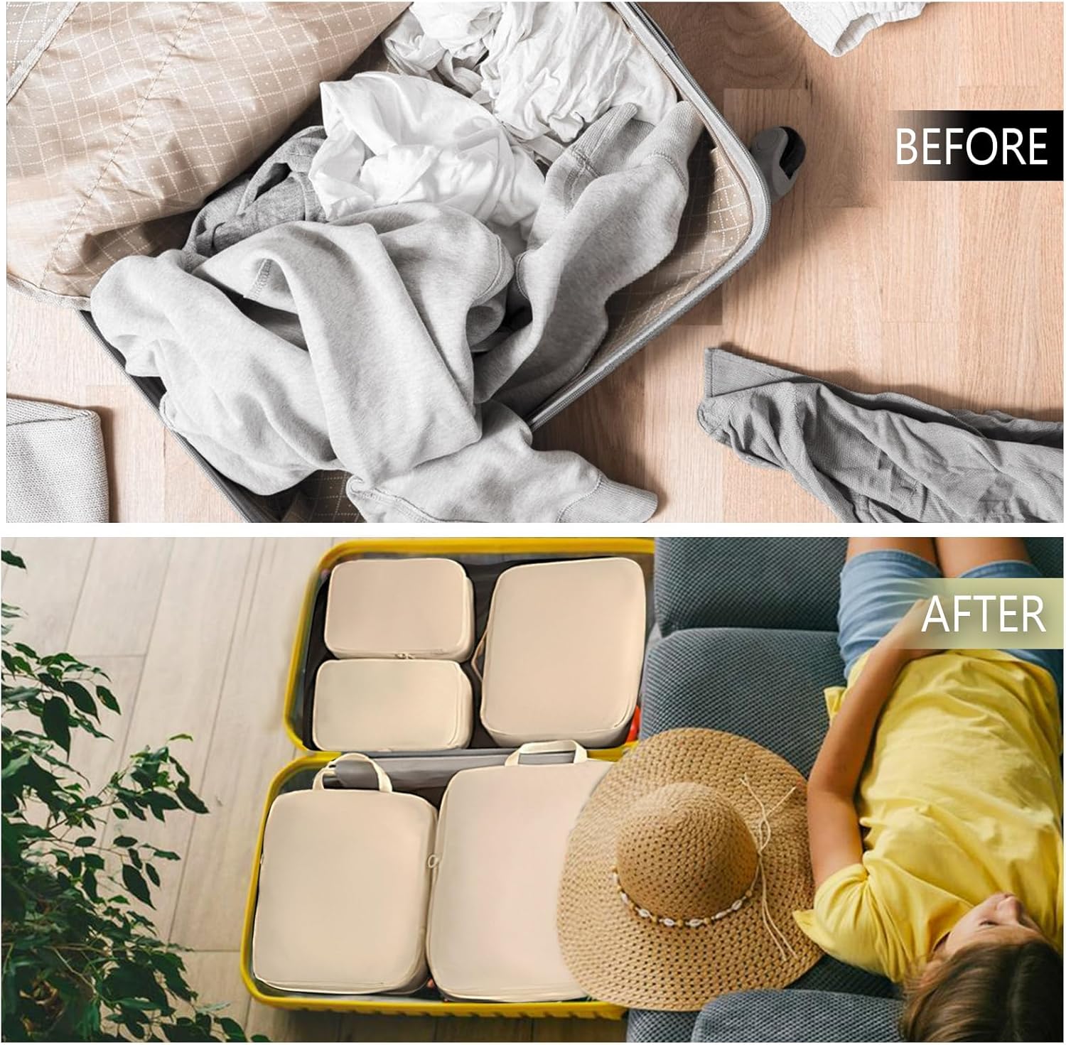 6-Pack Beige Compression Packing Cubes for Travel – Luggage Organizer Bags for Suitcases & Accessories - Image 4
