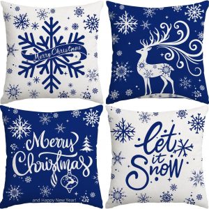 Artmag Merry Christmas Throw Pillow Covers 16×16 inch Snowflakes Let it Snow Moose Winter Holiday Blue Cushion Case for Coach Sofa Decorations Set of 4