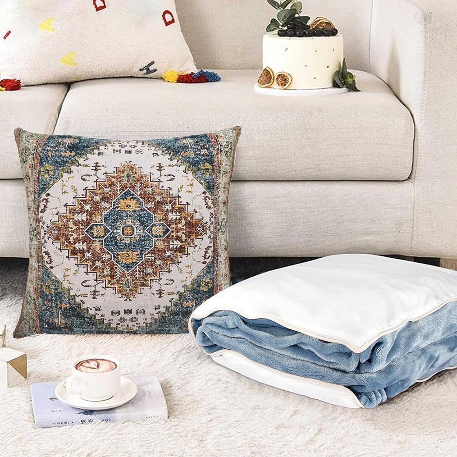 ZSYTZL Boho Throw Pillow Covers 26x26 inch Set of 2,Soft Pillowcases Bohemia Carpet Pattern Decorative Sofa Living Room Bed Square Pillow Case Cushion Cover-Blue Green - Image 7