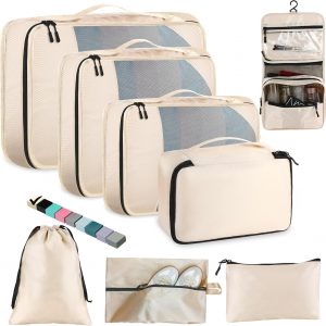 8-Piece Packing Cubes for Travel, Mesh Luggage Organizers with Shoe Bag, Toiletry Bag, Laundry Pouches, 4 Sizes (XL/L/M/S) for Suitcase Organization, Men Women Kids, Beige