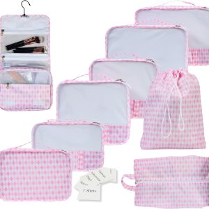 9 Set Packing Cubes – Suitcase Organizer, Cute Packing Cubes, Travel Bags Organizer for Luggage with Hanging Toiletry and Shoe Bag, Travel Essentials for Women, Men and Kids -Pink
