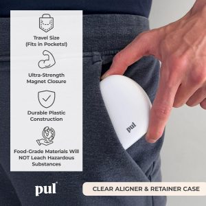 Clear Aligner and Retainer Case by PUL | Also Compatible with Mouthguards, Nightguards, Dentures, Floss Picks, Pul Tools, and Cleaning Tablets | Slim and Lightweight | Secure Magnetic Closure (Gray)