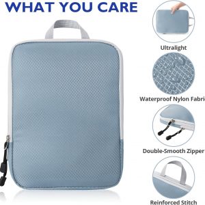 Compression Packing Cubes, 10 Set Packing Cubes for Travel Compression, Lightweight Compressible Package Organizer for Carry On and Suitcases, LakeBlue and Grey